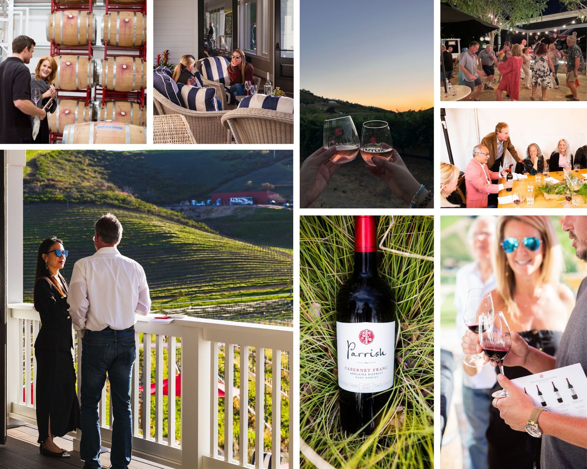 Wine tasting collage with vineyard views, guests socializing, and a bottle of Parrish wine.