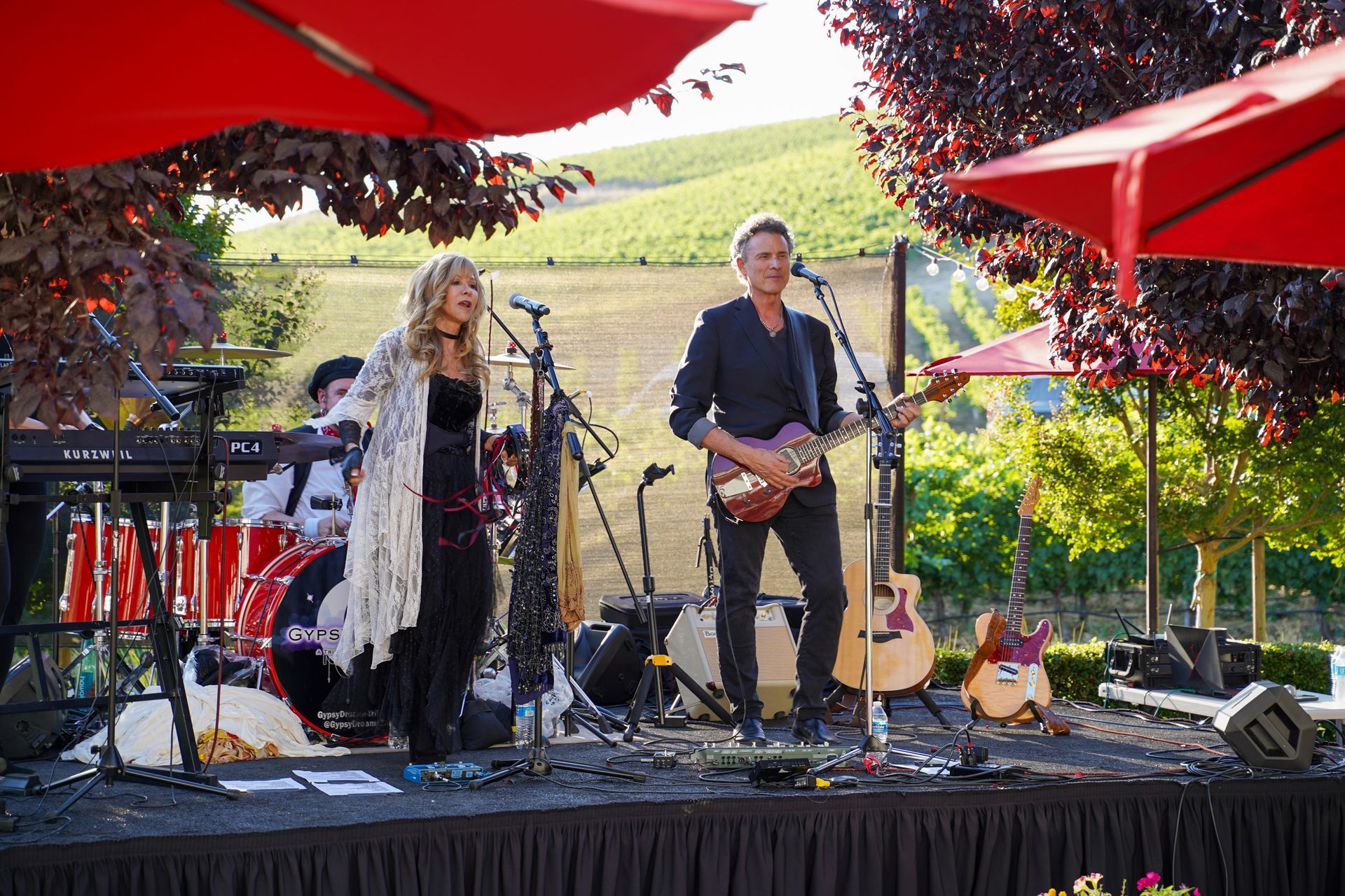 A live band performing on stage at the Parrish Family Vineyard anniversary party on the outdoor brick patio, with a view of the vineyard and rolling hills in the distance.