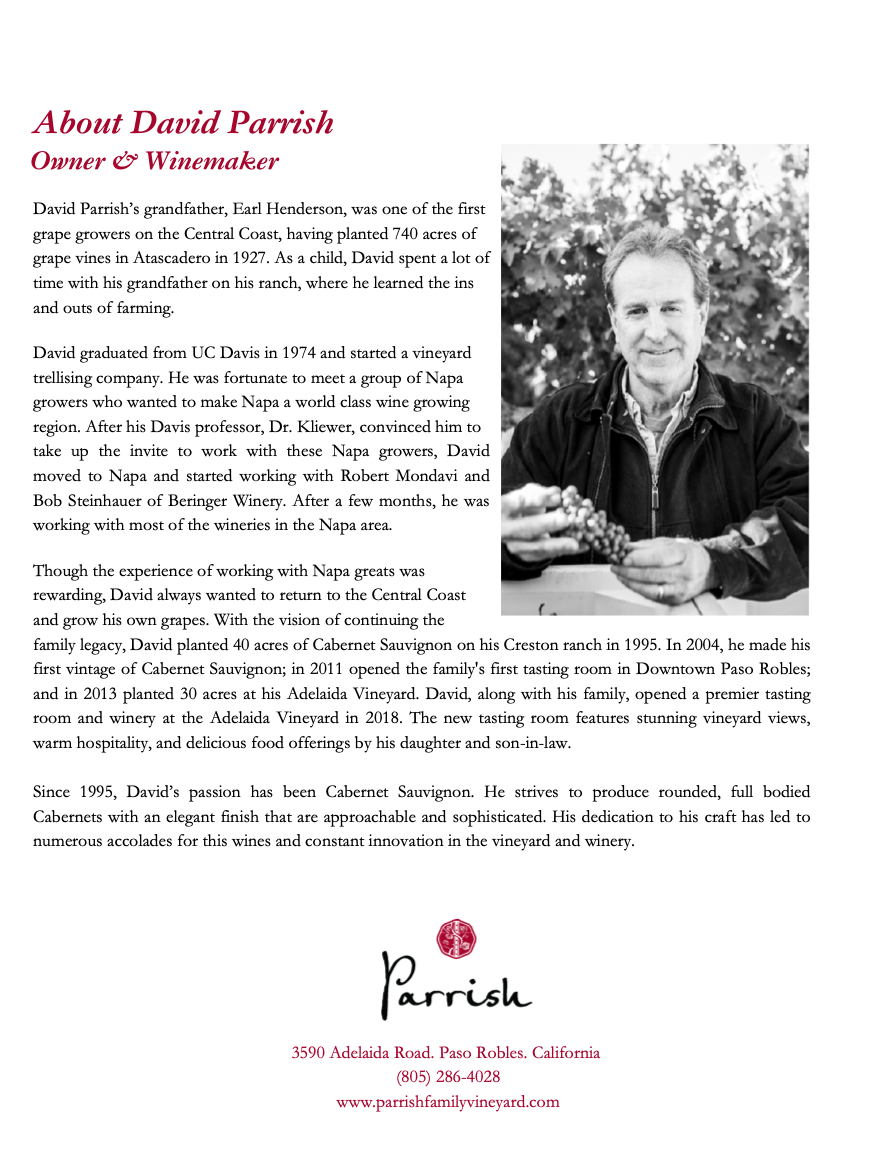 David Parrish, winemaker, smiling, holding grapes, with text about Parrish Winery.