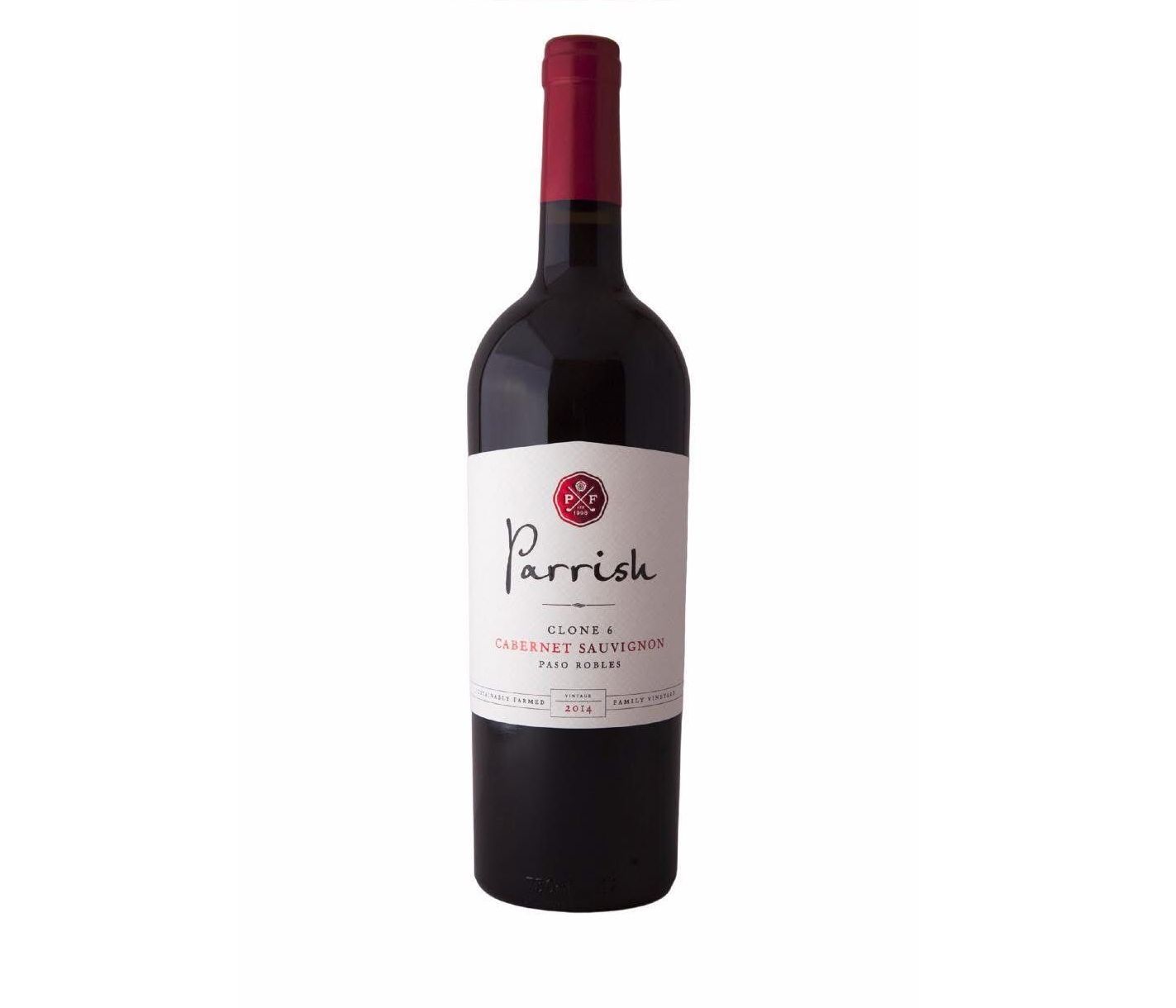 Bottle of red wine, dark glass, white label, red cap; 