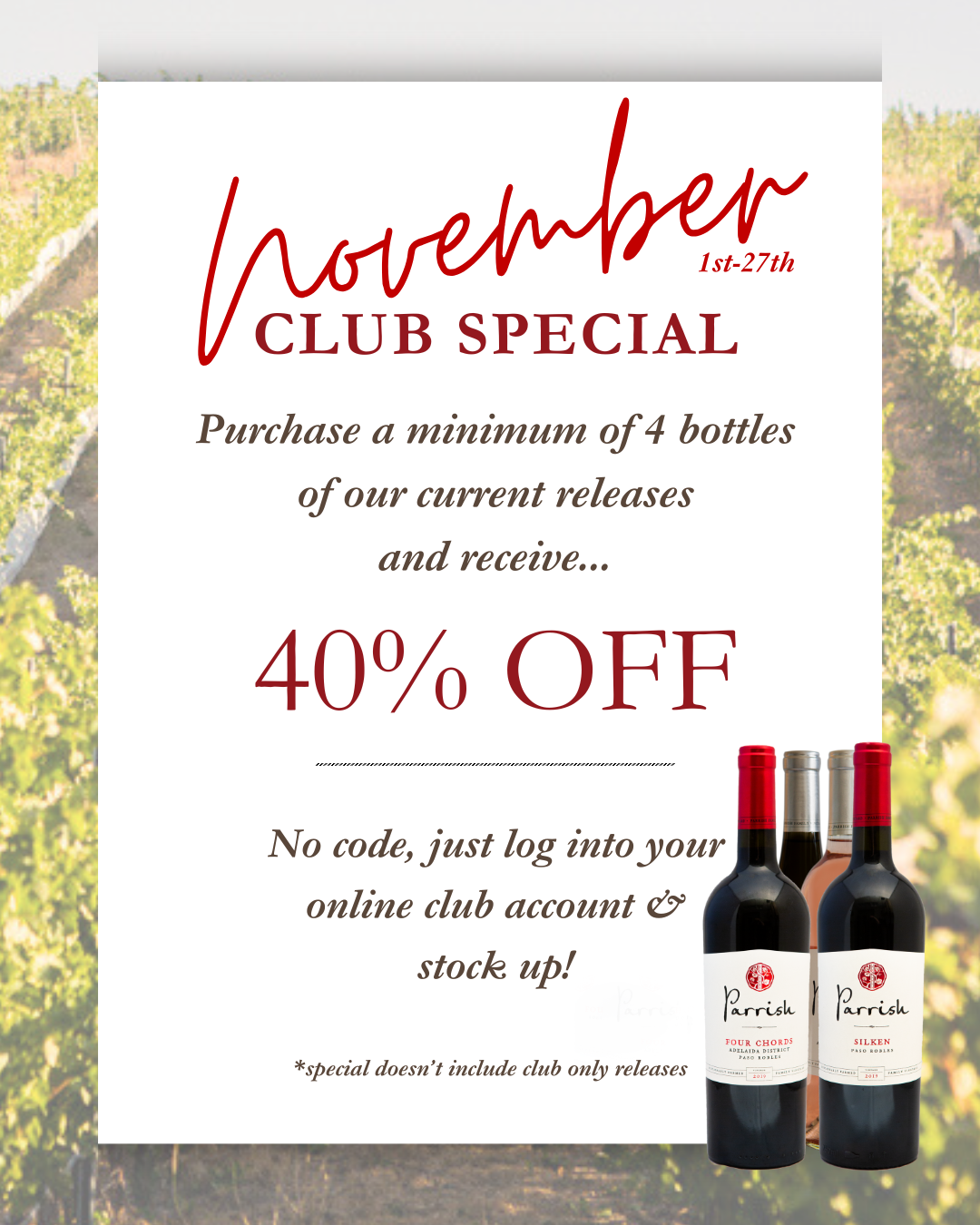 A banner for November Club Special details.