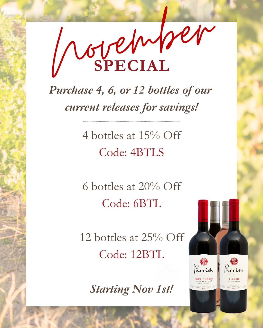 A bottle for November Special where you can purchase 4, 6, or 12 bottles and get savings.