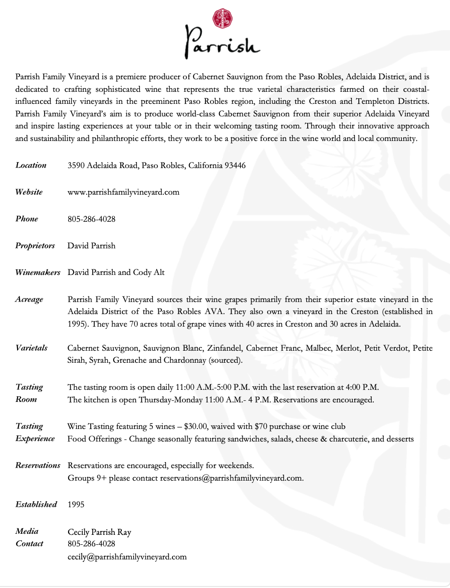 Parrish Family Vineyards winery information; text on white background with logo.