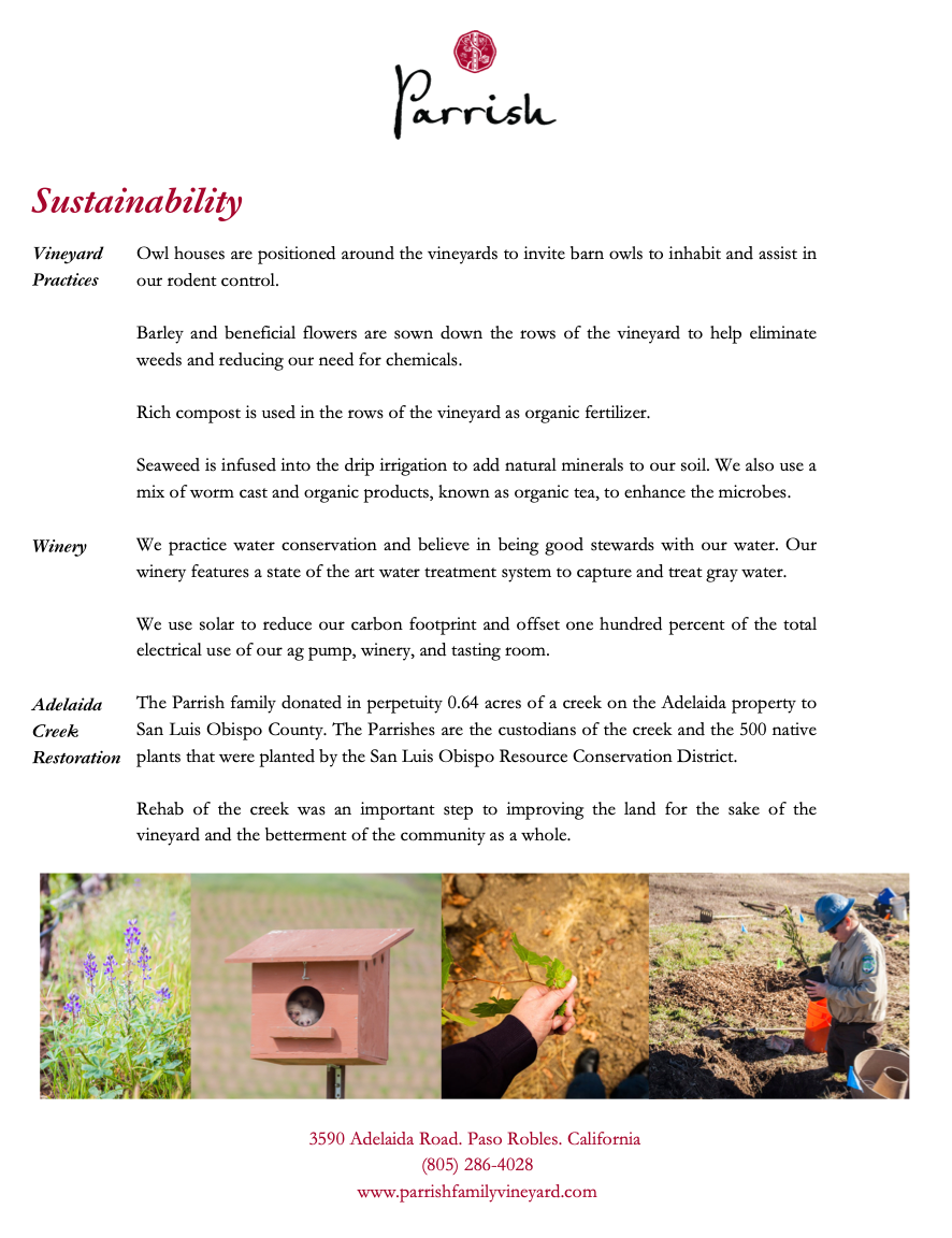 Sustainability information with nature images. Parrish logo at the top.