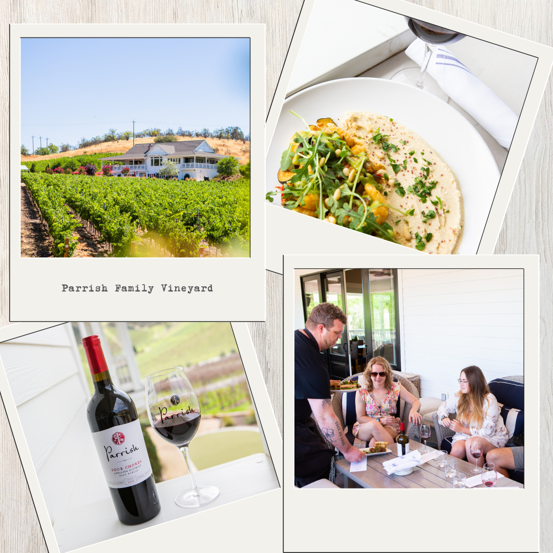 A collage of photos shows a bottle of wine, a plate of food, and a man pouring wine into a glass.