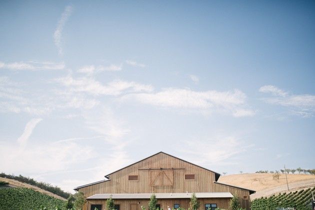 A large wooden barn is sitting in the middle of a vineyard.