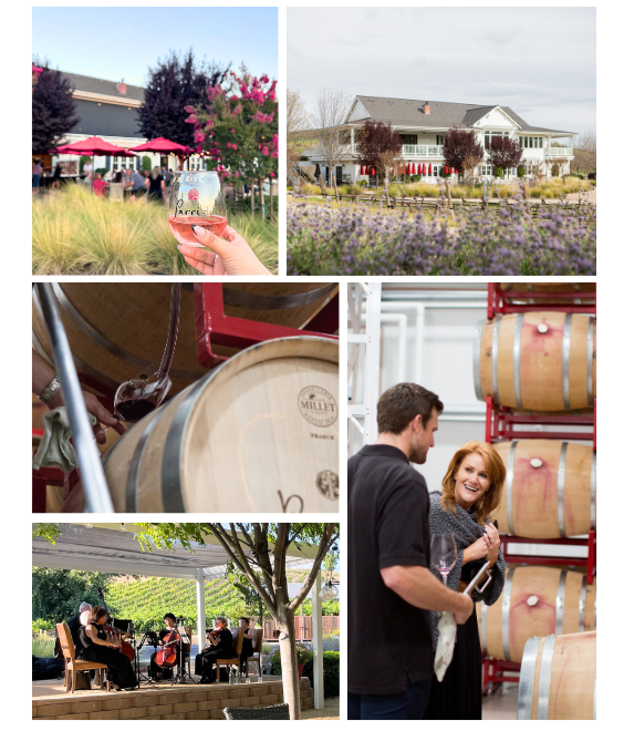 Wine tasting collage: vineyard patio, winery building, barrels, and visitors sampling wine at Parrish Family Vineyard.