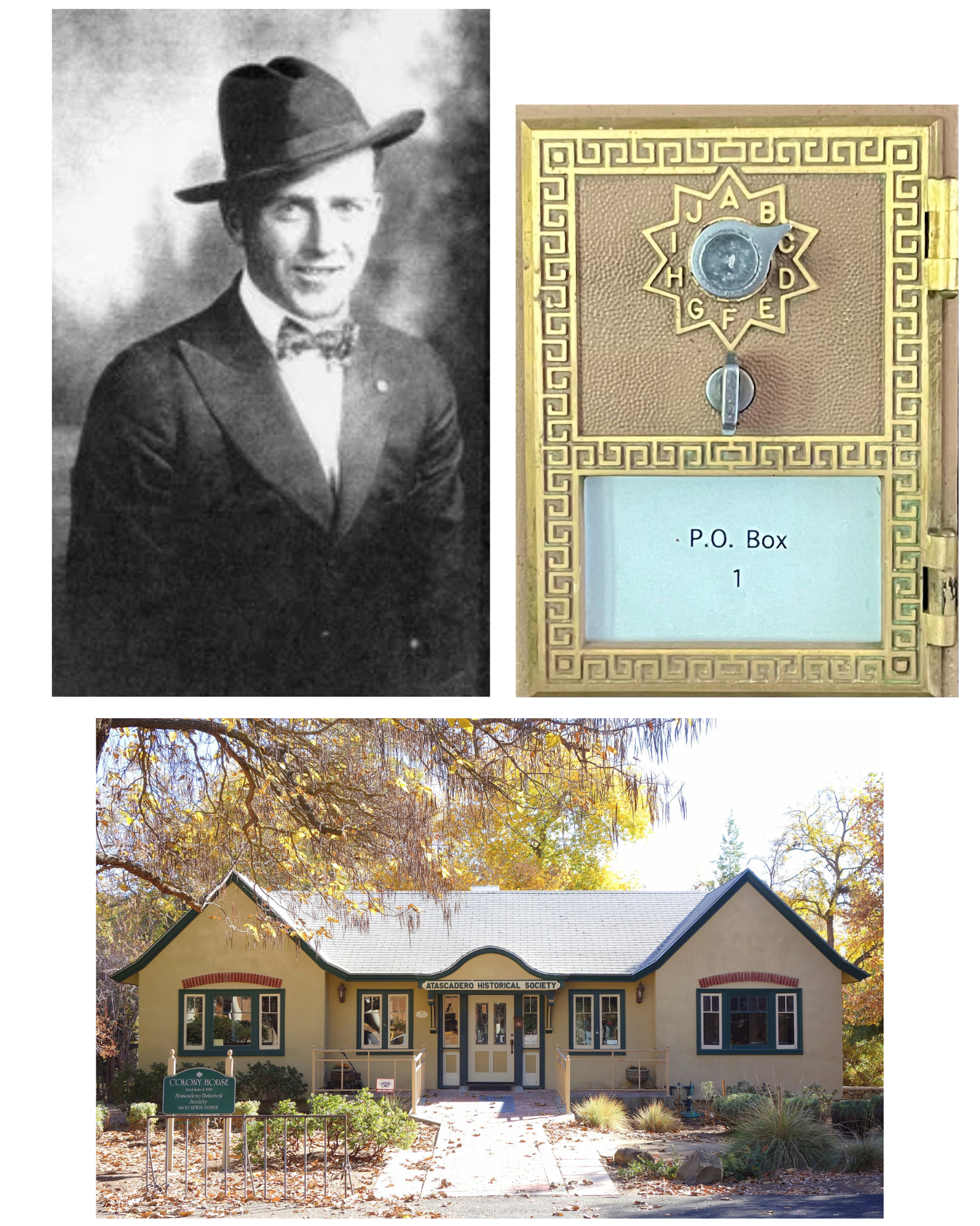 Man in suit, a P.O. box, and a single-story beige building with dark green trim.