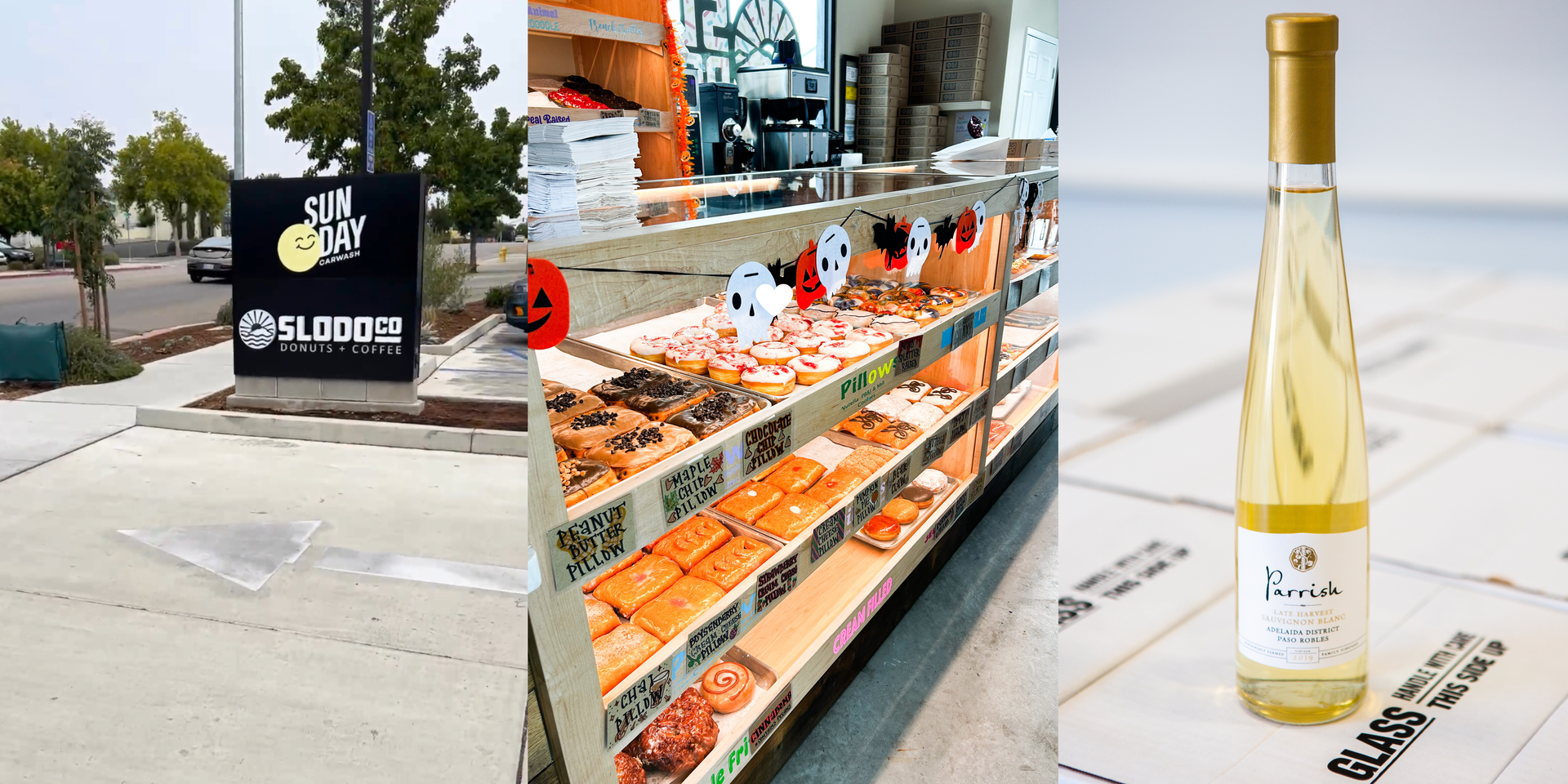 Sign, baked goods display, and bottle of wine.