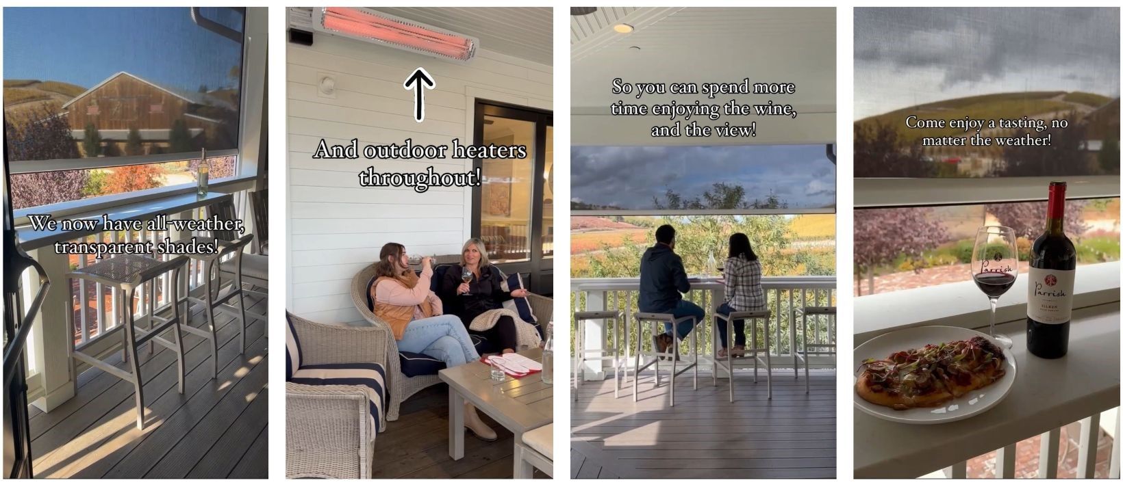 A group of people are sitting on a porch with a bottle of wine and a plate of food.