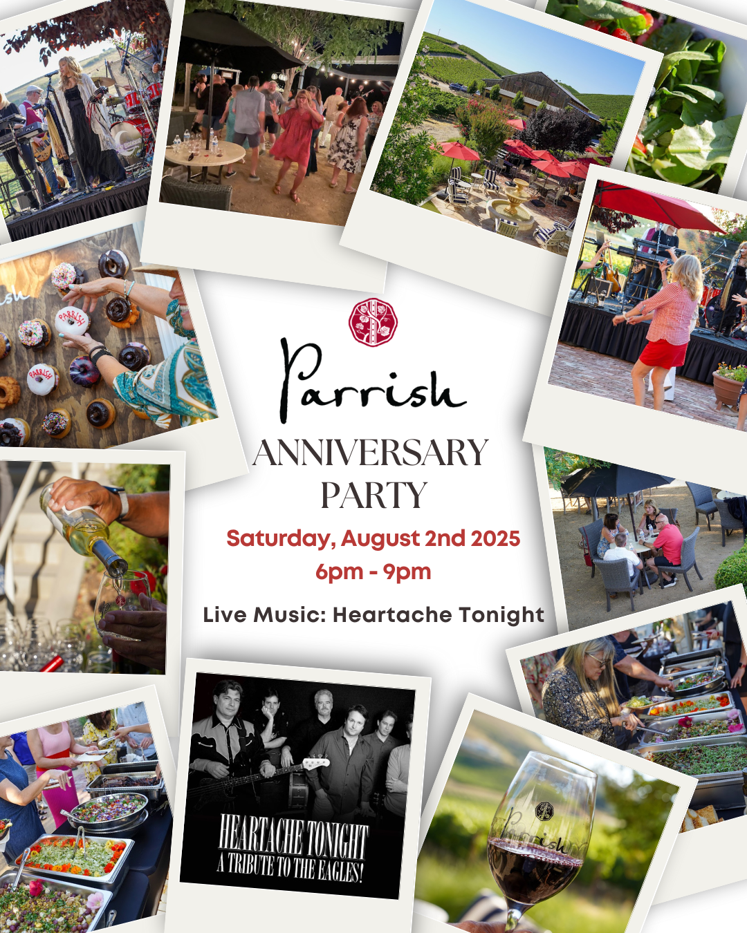 Anniversary party invitation with photos, featuring food, wine, and a band.