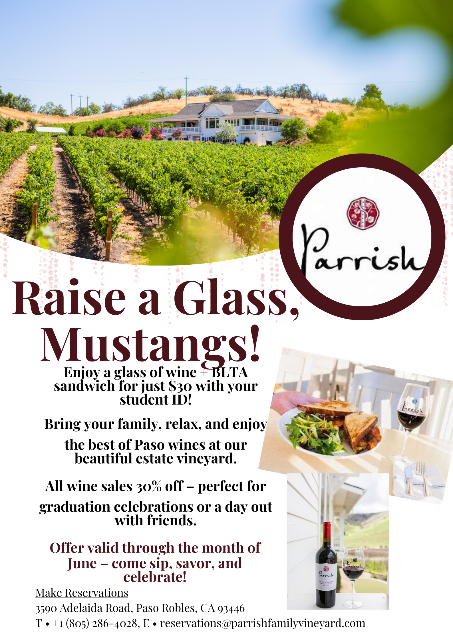 Advertisement for Parrish wine: scenic vineyard, glass of wine, food, and text