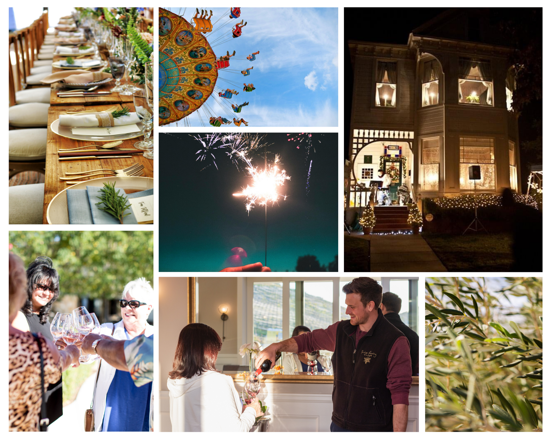 A collage of pictures including a man pouring a glass of wine, people cheering with wine, and a set table. 