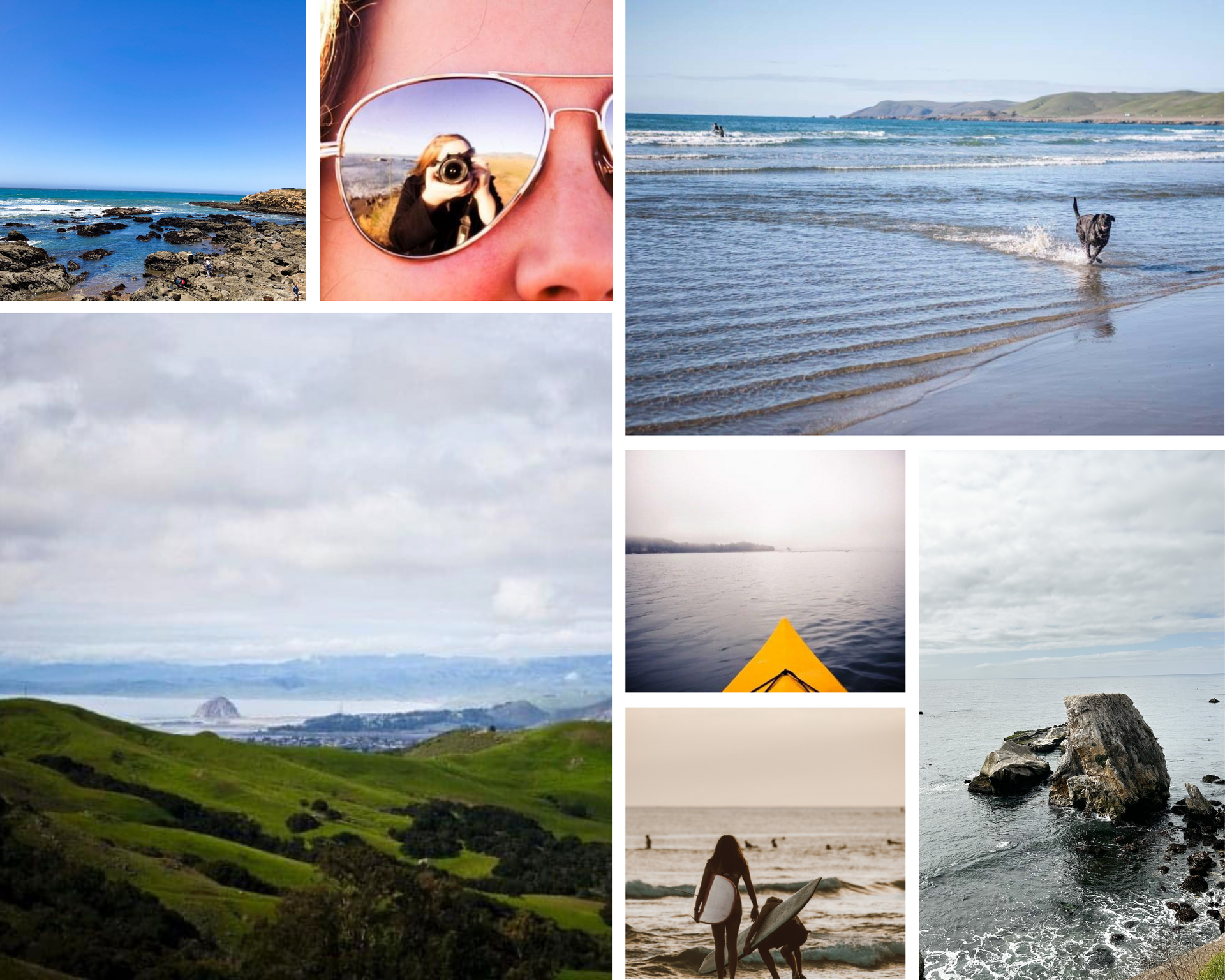 A collage of photos including seaside, a reflection of a lady taking a picture in sunglasses, and hillside.
