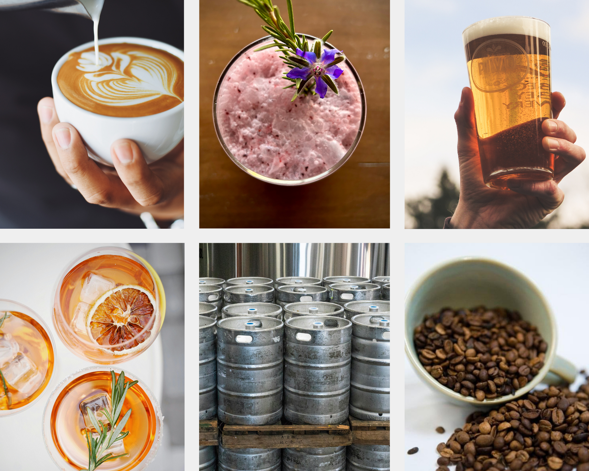 A collage of images including coffee, tea, and cocktails. 