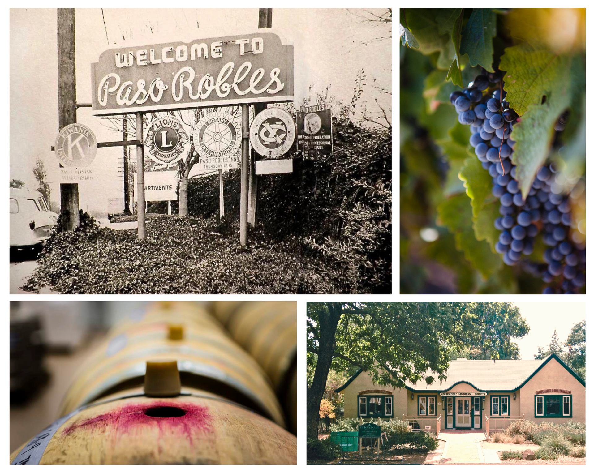 A collage of photos including a Welcome To Paso Robles sign, grapes, and wine barrels.