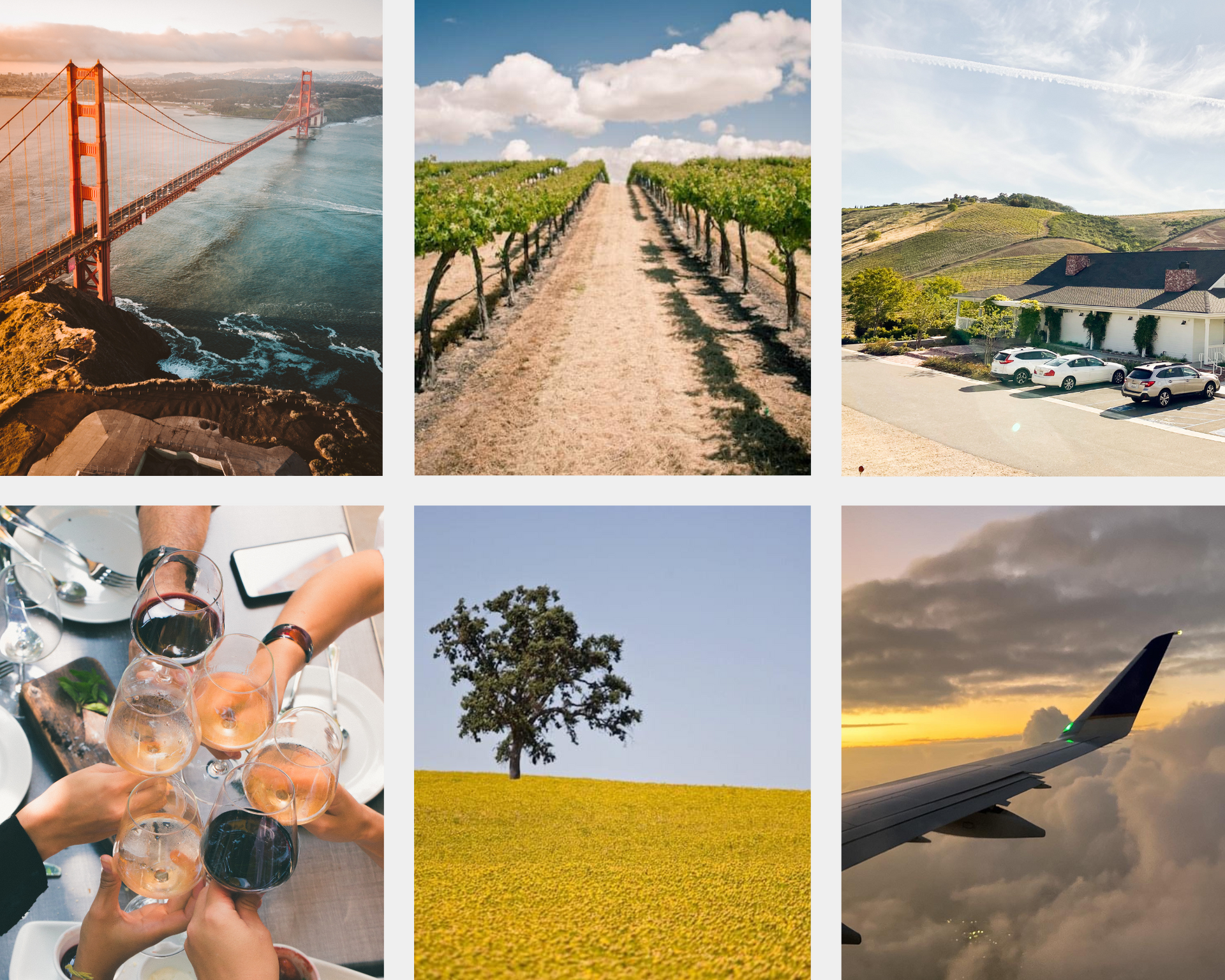 A collage of photos shows a golden gate bridge, a vineyard, a table with wine glasses, and an airplane.