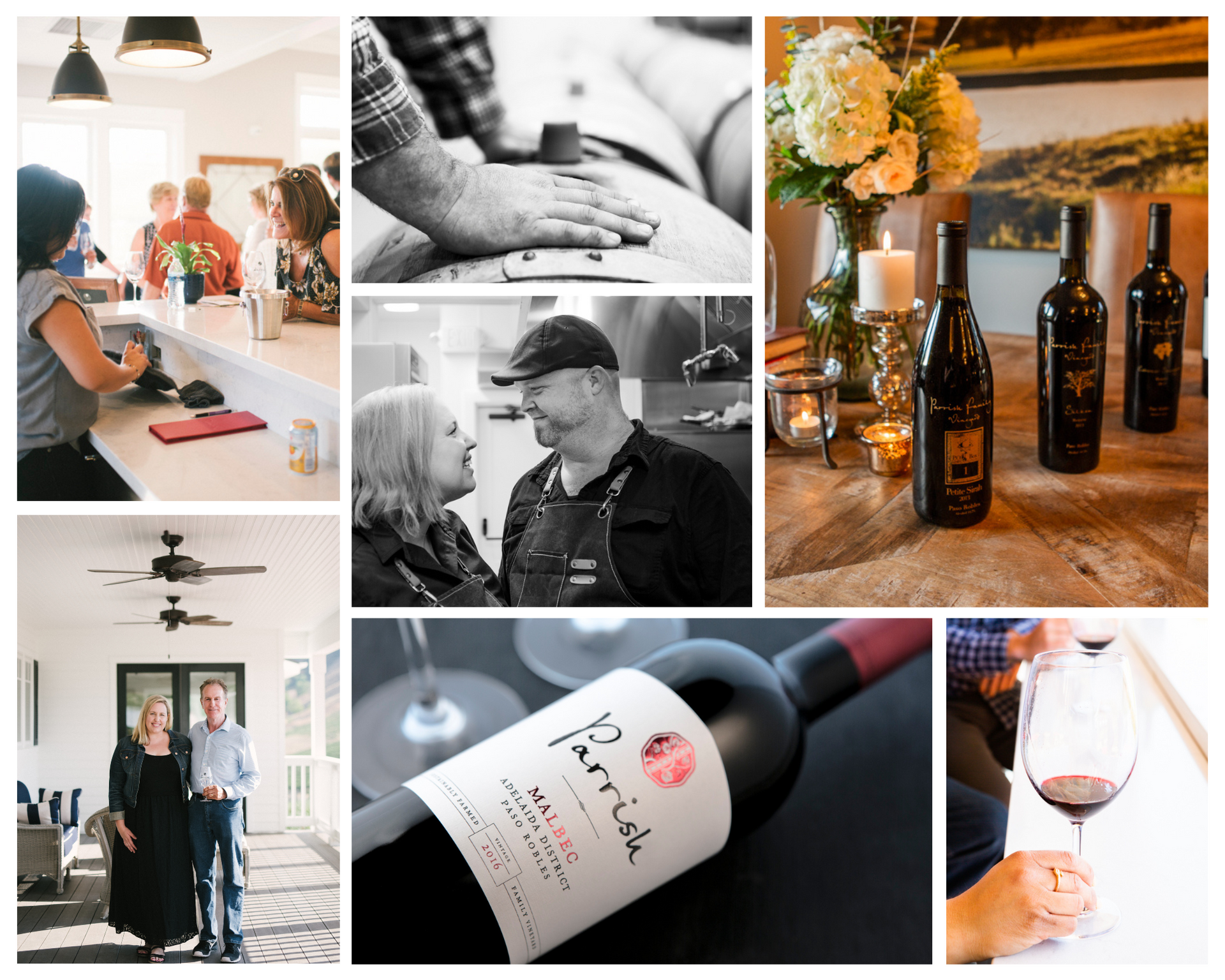 A collage of photos of people, bottles of wine, and a glass of wine.