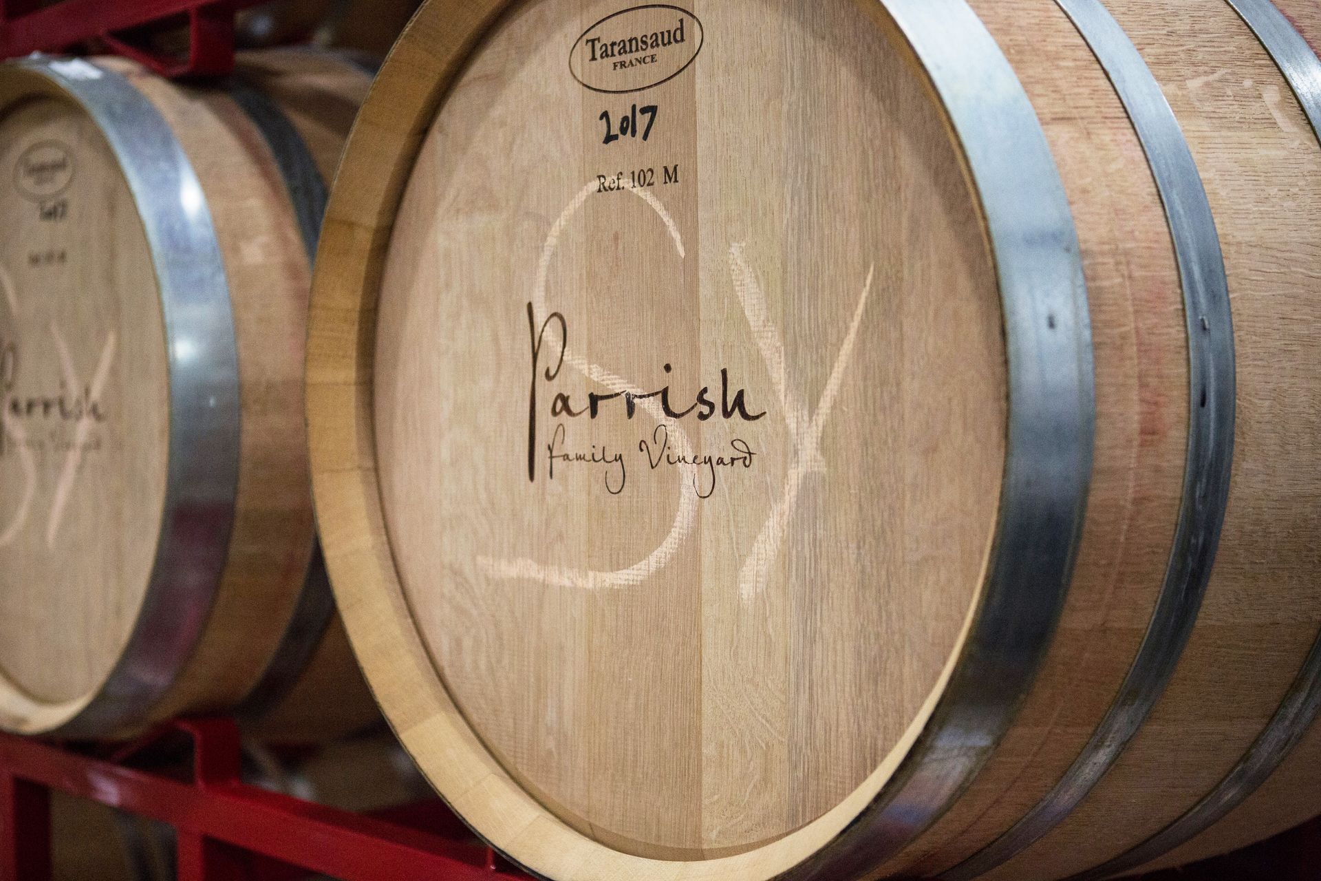 A barrel of Parrish wine with logo.