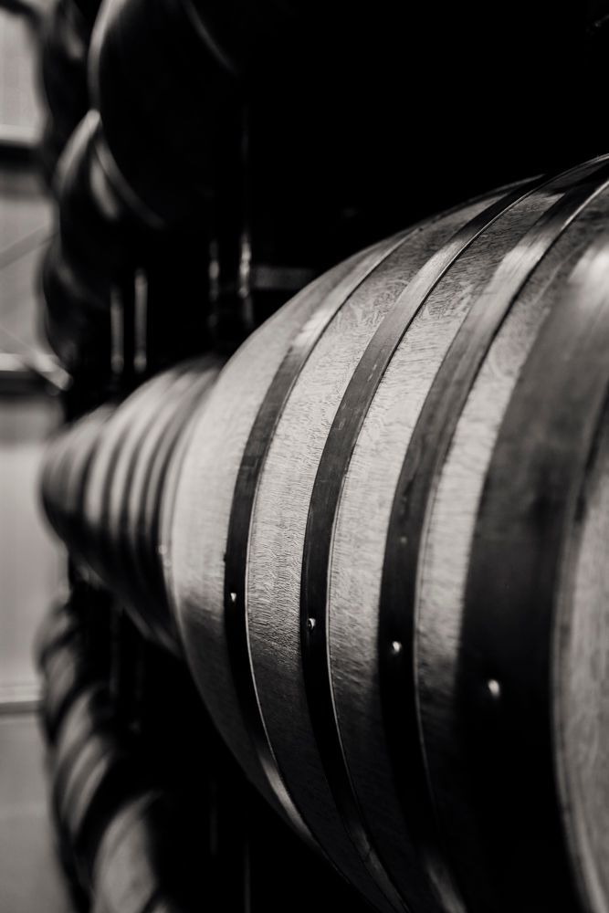 A side view of wine barrels.