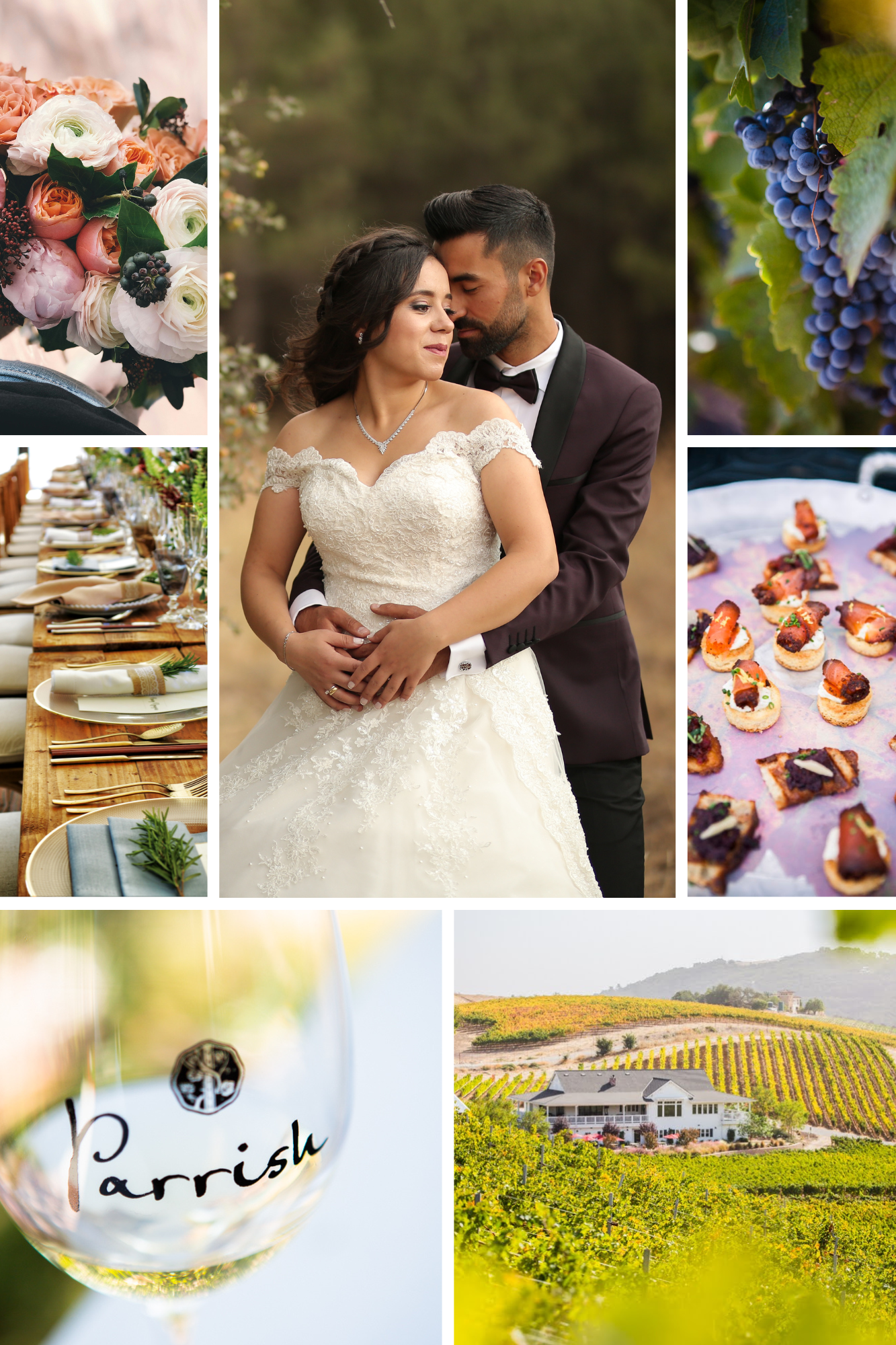 A collage of photos of a wedding, a bride and groom, a wine glass, and a vineyard.