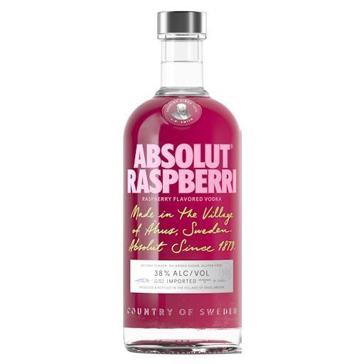 Botella de vodka Absolut Raspberri con etiqueta rosa-roja sobre fondo blanco.