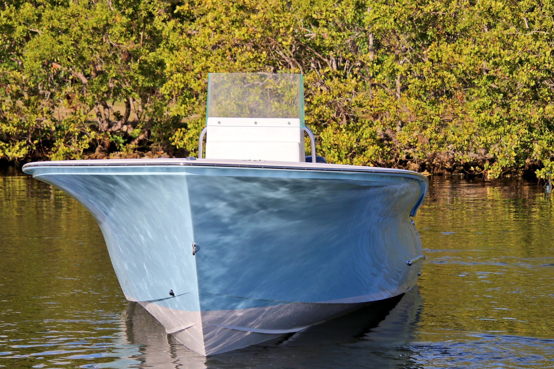 A light blue skiff boat floats on calm water in front of a dense green mangrove forest.