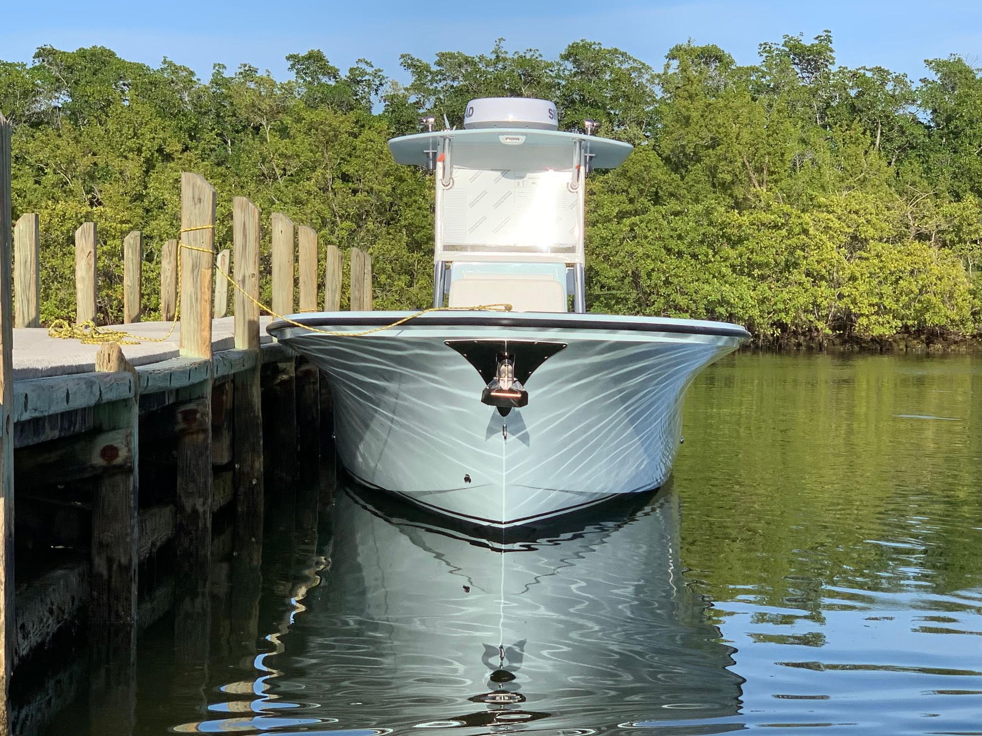 Light blue boat moored alongside a wooden dock, with a lush mangrove forest in the background.