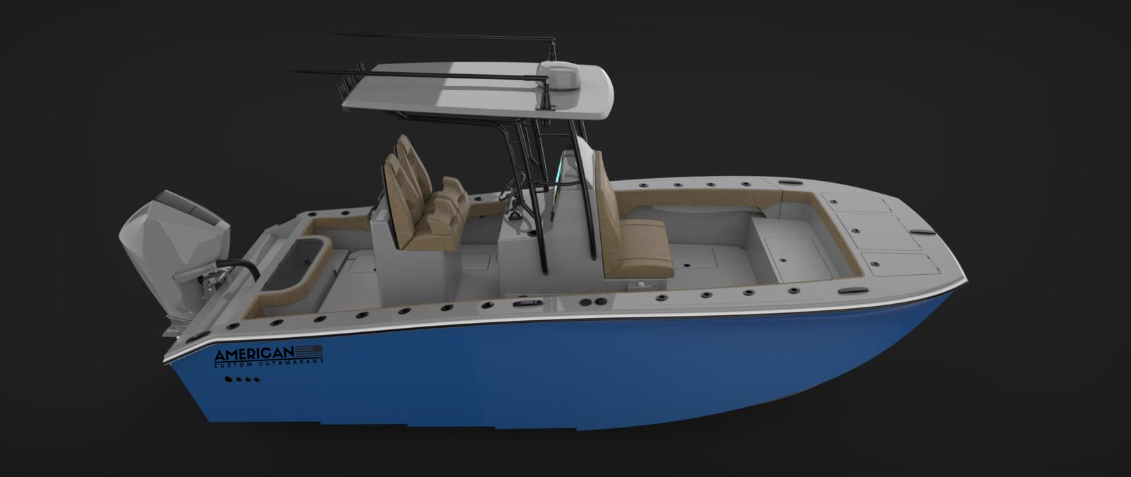 A blue center console boat with a T-top roof and tan seating against a dark background.
