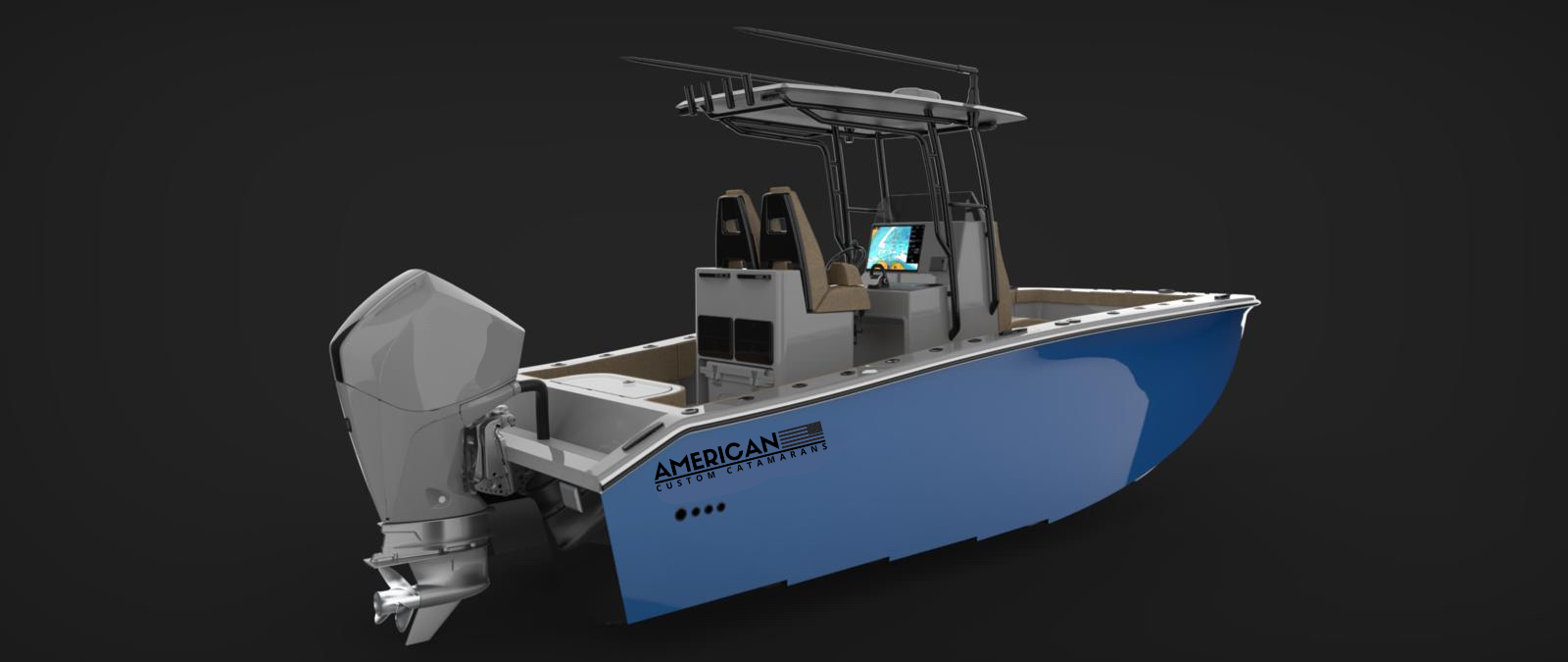 A blue center console motorboat with a T-top roof and single outboard engine against a dark background.