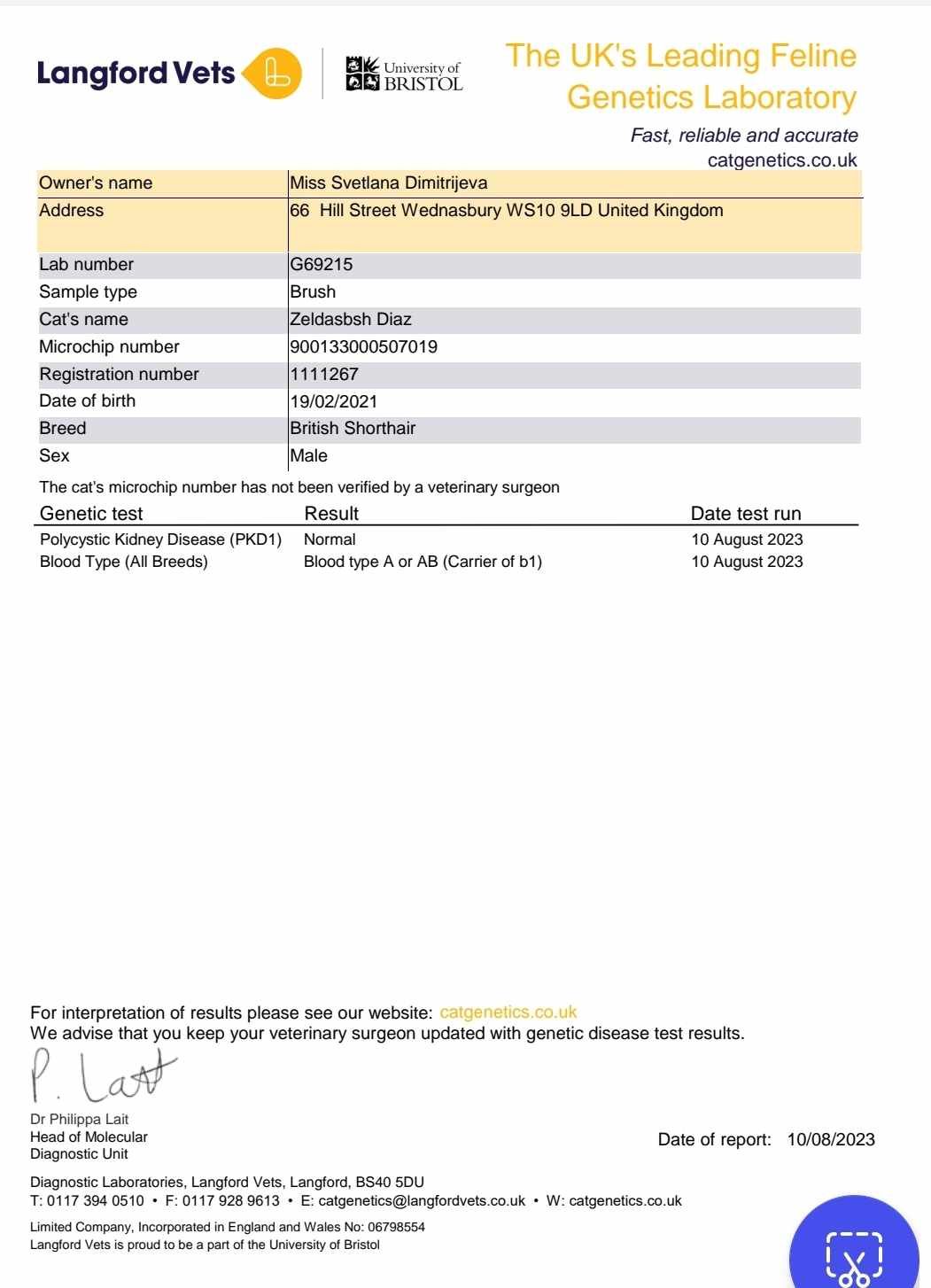 A genetics laboratory report for a feline. The report includes information on cat's breed, sex and date of test.