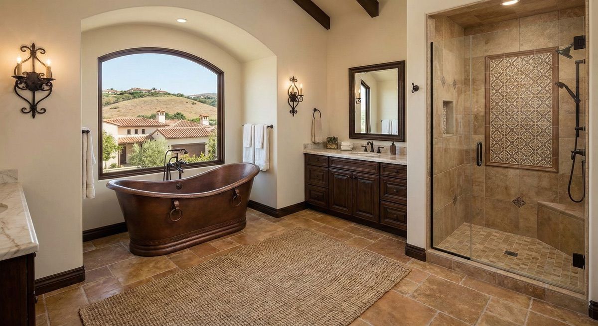 Luxury bathroom remodel with freestanding tub, walk-in shower and hillside view in Rancho Santa Fe