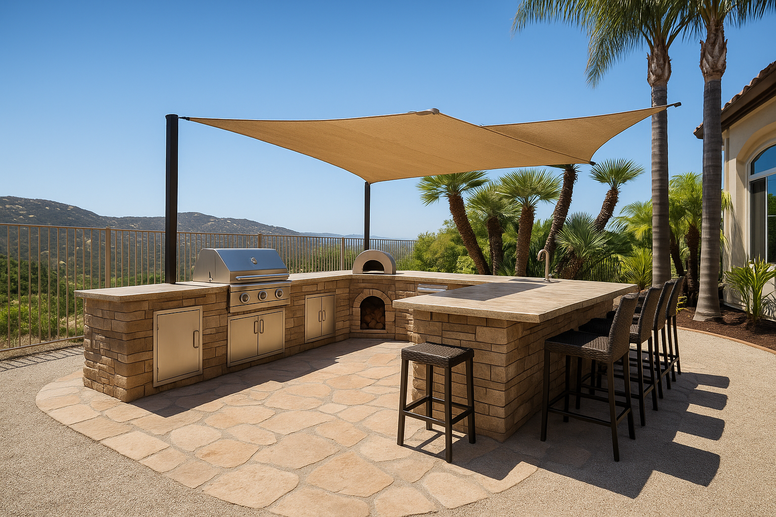 Outdoor kitchen with grill, oven, and bar seating under a beige sunshade; stone patio.