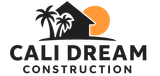 Logo: Black house outline with palms and orange sun, 