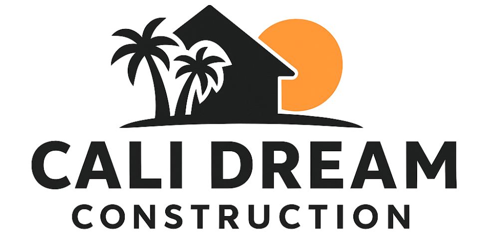 Logo: Black house outline with palms and orange sun, 