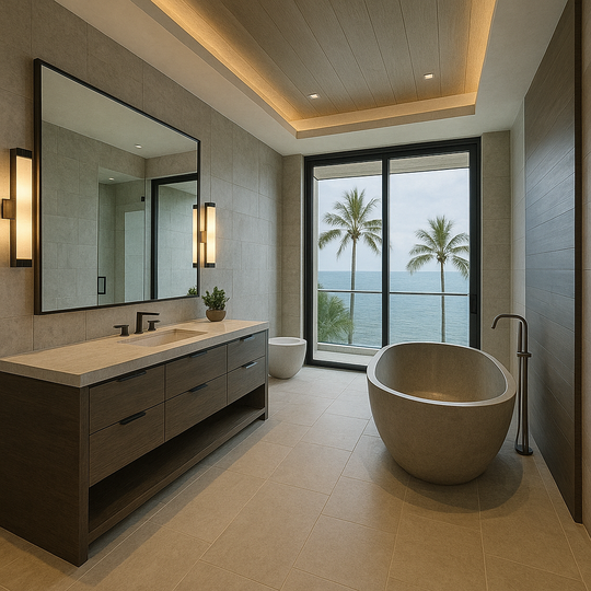 Oceanfront bathroom retreat with freestanding tub in Del Mar