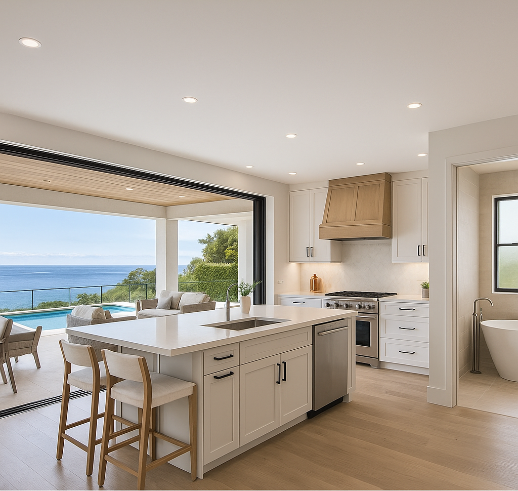 Open-concept kitchen with an ocean view. White cabinets, wooden hood, and island with bar stools.