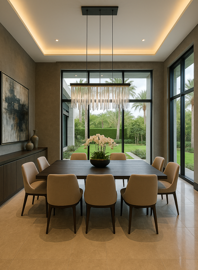 Modern dining room renovation with orchids and coastal views in Solana Beach