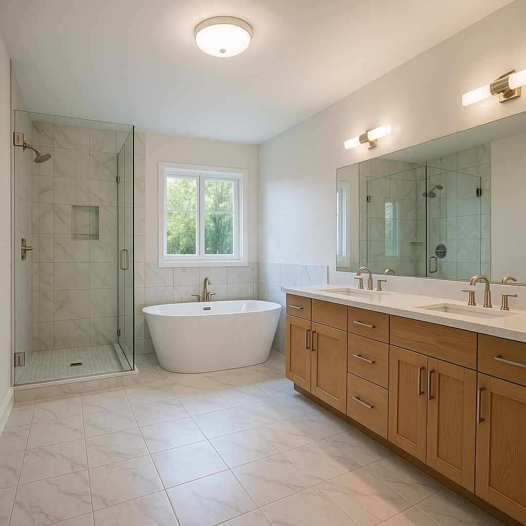 Luxury Rancho Bernardo bathroom remodel with freestanding tub, glass walk-in shower, dual vanity, and marble flooring.