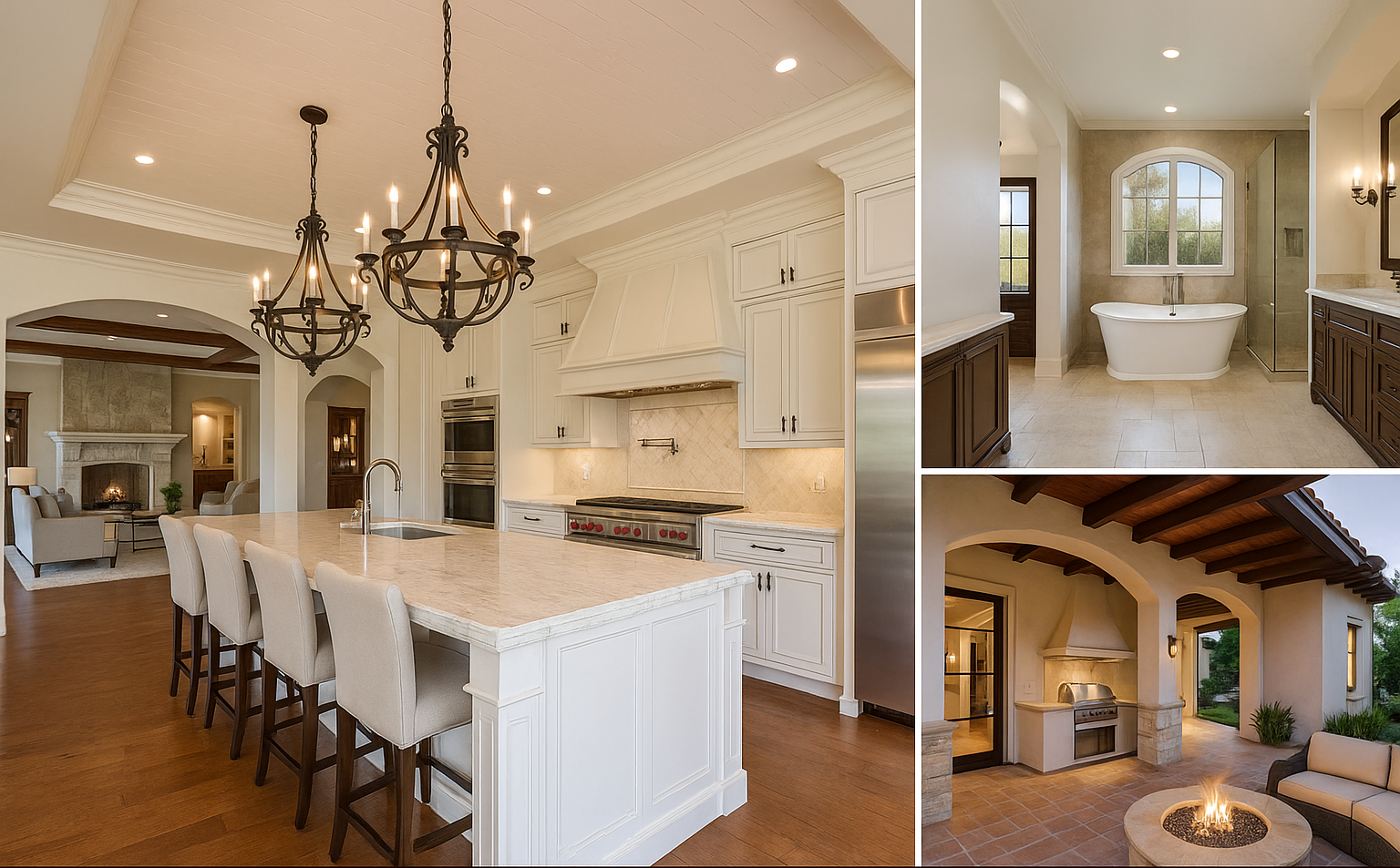 Rancho Santa Fe luxury estate remodel with custom kitchen, spa bathroom, and outdoor villa design by Cali Dream Construction