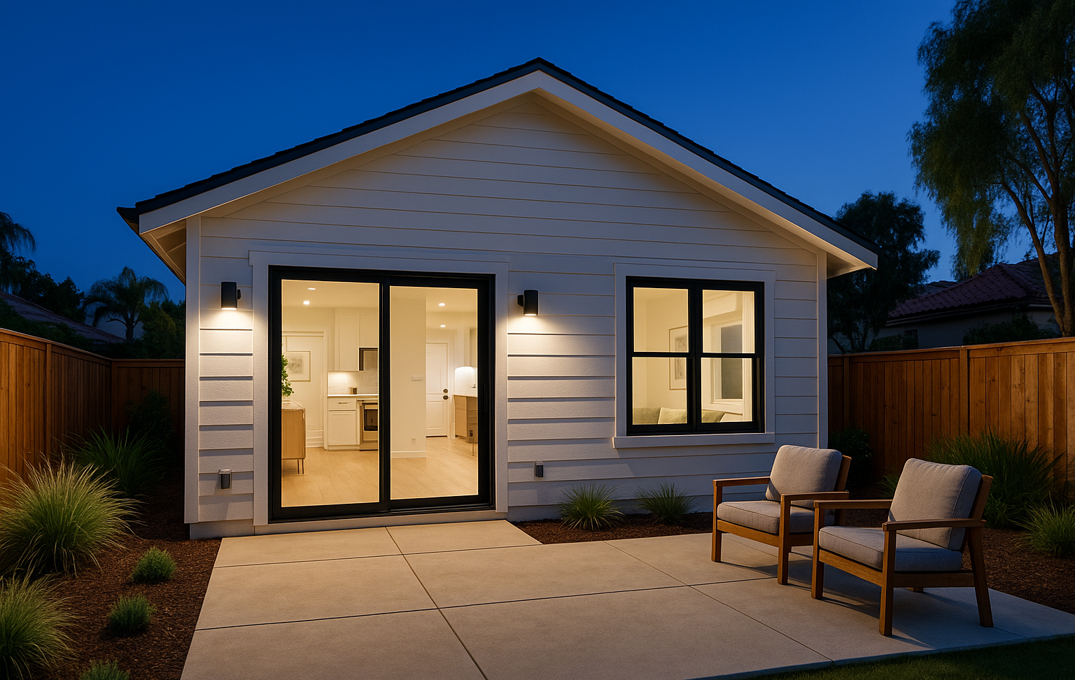 Carlsbad backyard ADU casita with modern coastal design, large windows, and private patio by Cali Dream Construction