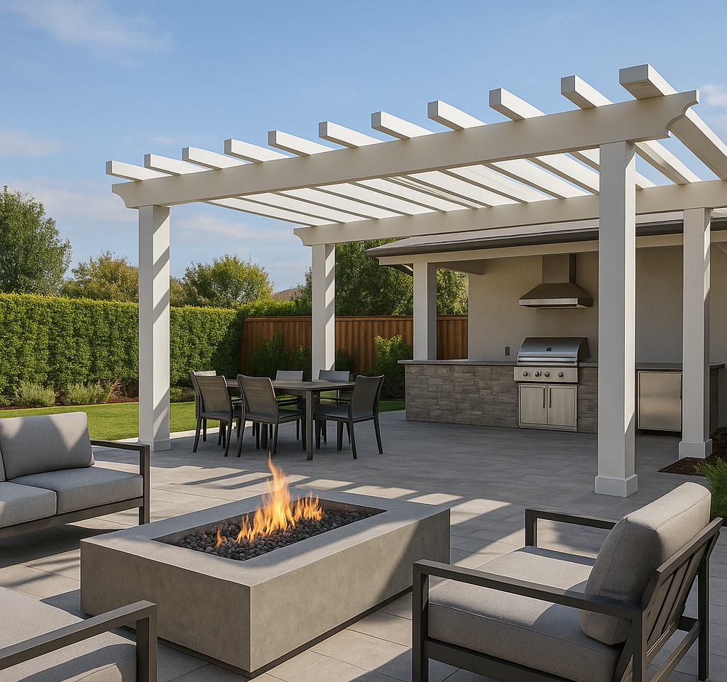 Carlsbad outdoor living remodel with modern patio, pergola, fire pit, and outdoor kitchen by Cali Dream Construction