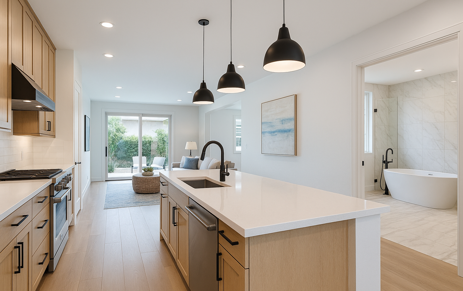 Carlsbad whole-home remodel with open concept kitchen, luxury bathroom, and modern coastal design by Cali Dream Construction