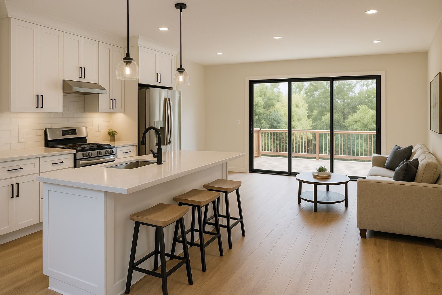 Modern Poway home remodel with open kitchen and living room layout, natural light, and quartz island