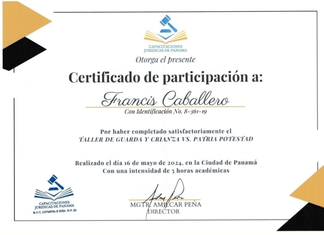 Certificado de participación otorgado a Francis Caballero por completar el taller sobre tutela y potestad parental.