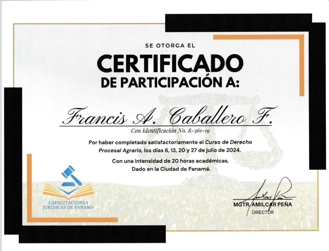 Certificado de participación otorgado a Francis A. Caballero F. por completar un curso de derecho penal en Panamá.