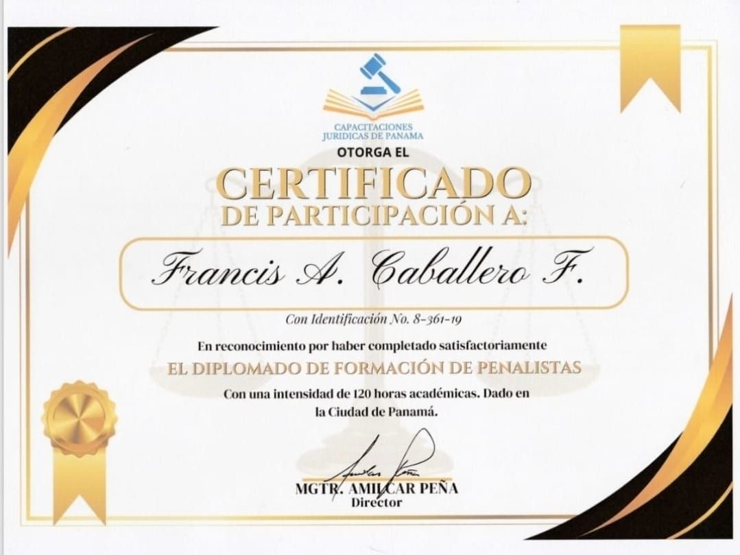 Certificado de participación otorgado a Francis A. Caballero F. por completar un diploma en formación en derecho penal.