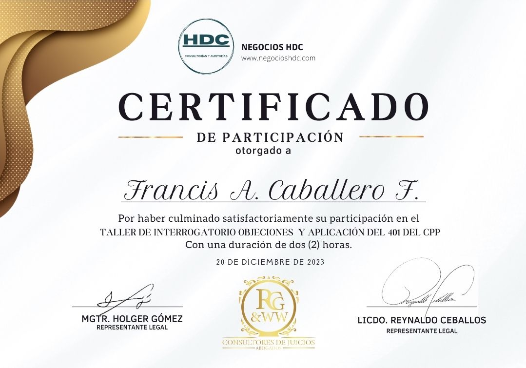 Certificado de participación otorgado a Francis A. Caballero F. por completar un taller de HDC el 10 de diciembre de 2022.
