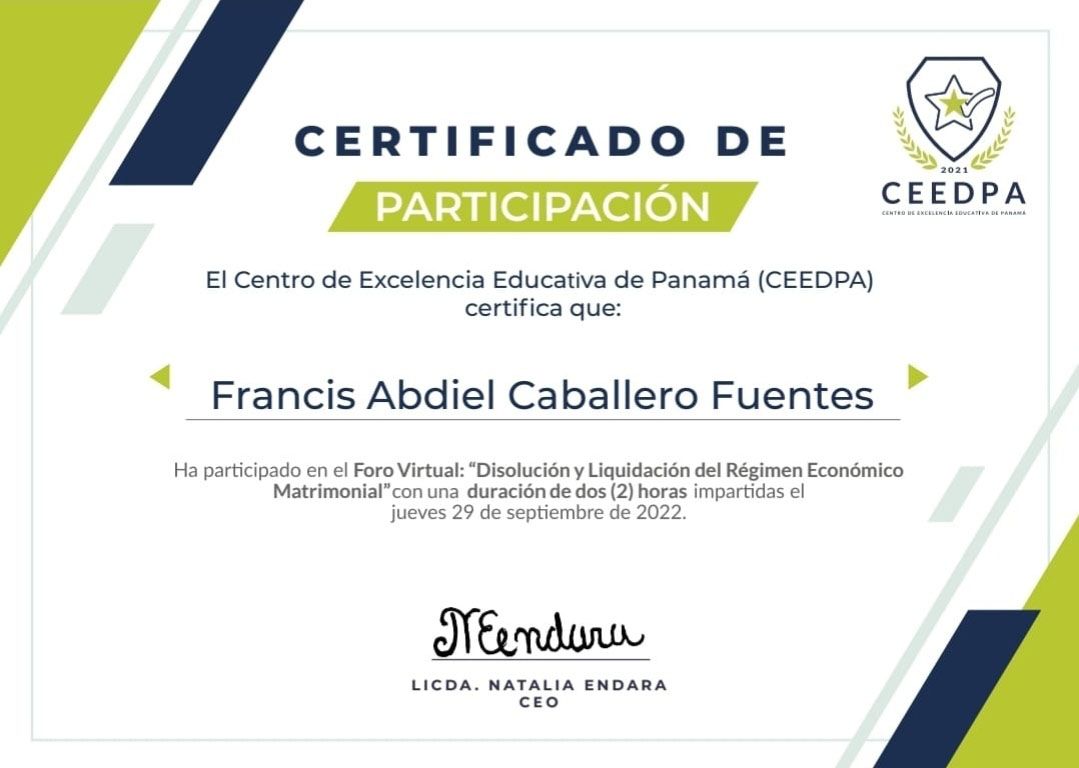 Certificado de participación de CEEDPA otorgado a Francis Abdiel Caballero Fuentes por un curso de formación jurídica.