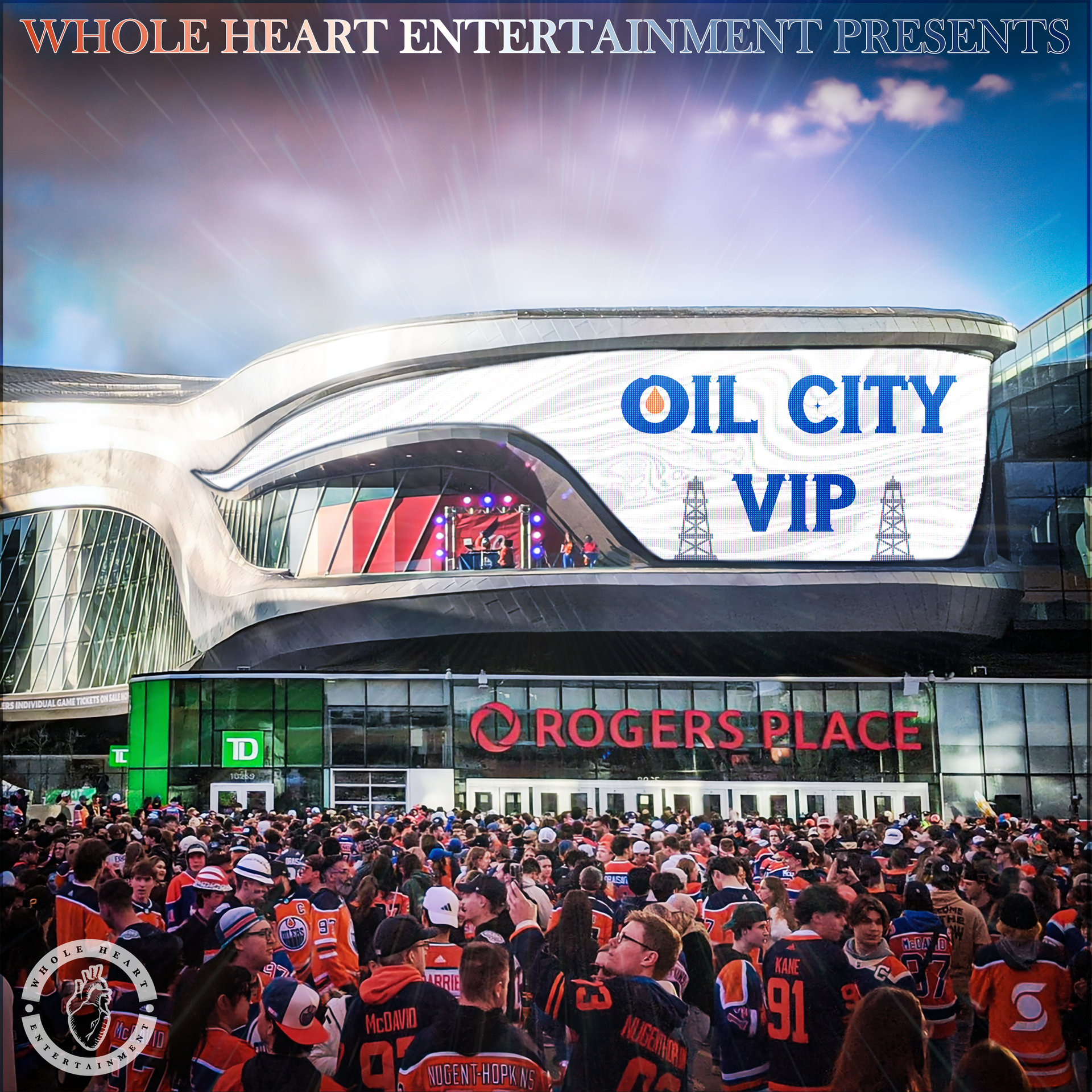 Picture of the Moss Pit In Edmonton in front of Roger's Place with the big screen displaying Oil City VIP